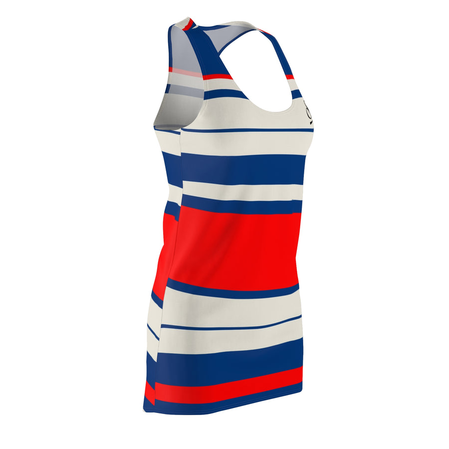 Saucy Unlimited Blue, White & Red Stripes Racerback "S" Logo Dress