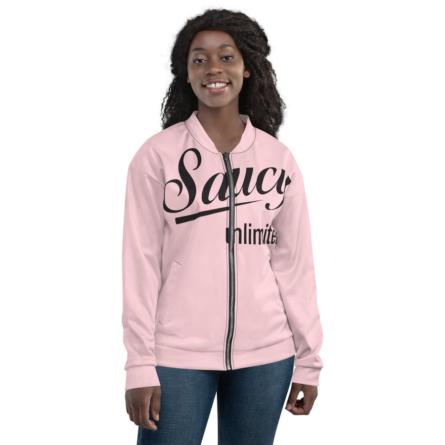 Saucy Unlimited Big Black Logo Pink Bomber Jacket