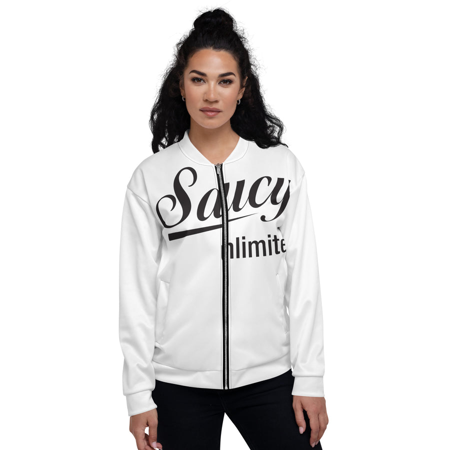 Saucy Unlimited Big Black Logo White Bomber Jacket