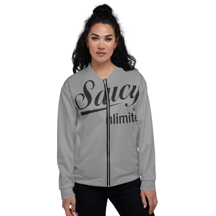 Saucy Unlimited Big Black Logo Gray Bomber Jacket