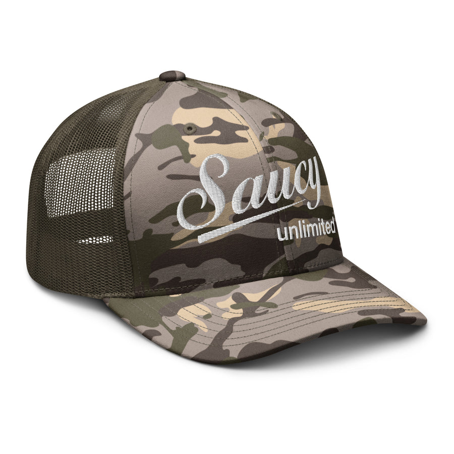 Saucy Unlimited White Logo Camouflage Trucker Hat