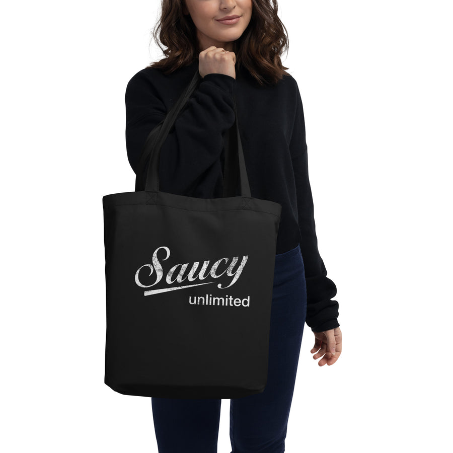 Saucy Unlimited White Distressed Logo Tote Bag