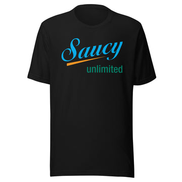 Saucy Unlimited Light Blue, Orange And Green Logo T-shirt