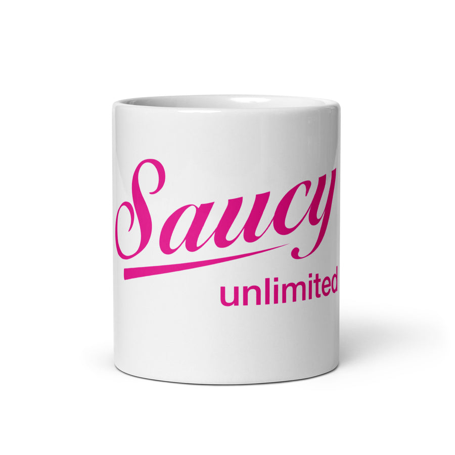 Saucy Unlimited Pink Logo White Glossy Mug
