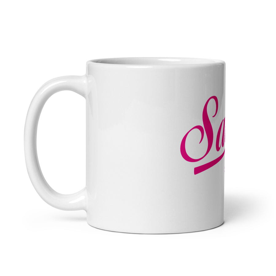 Saucy Unlimited Pink Logo White Glossy Mug
