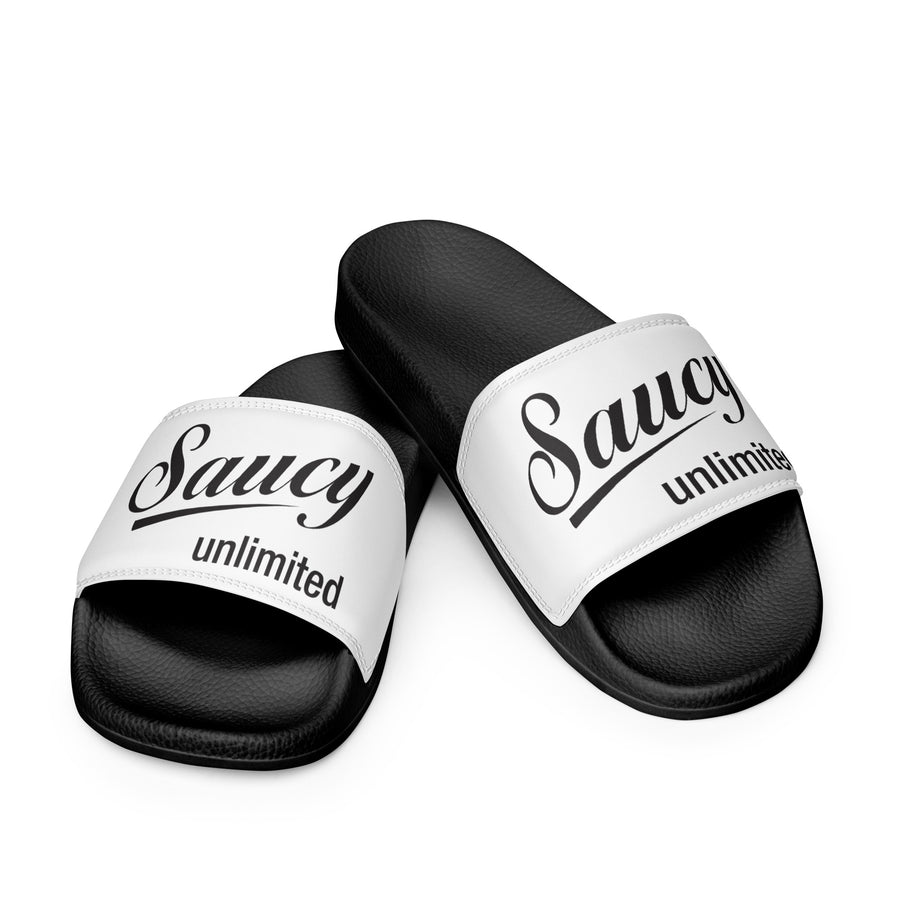Saucy Unlimited Black Logo Women's White Cover Slides