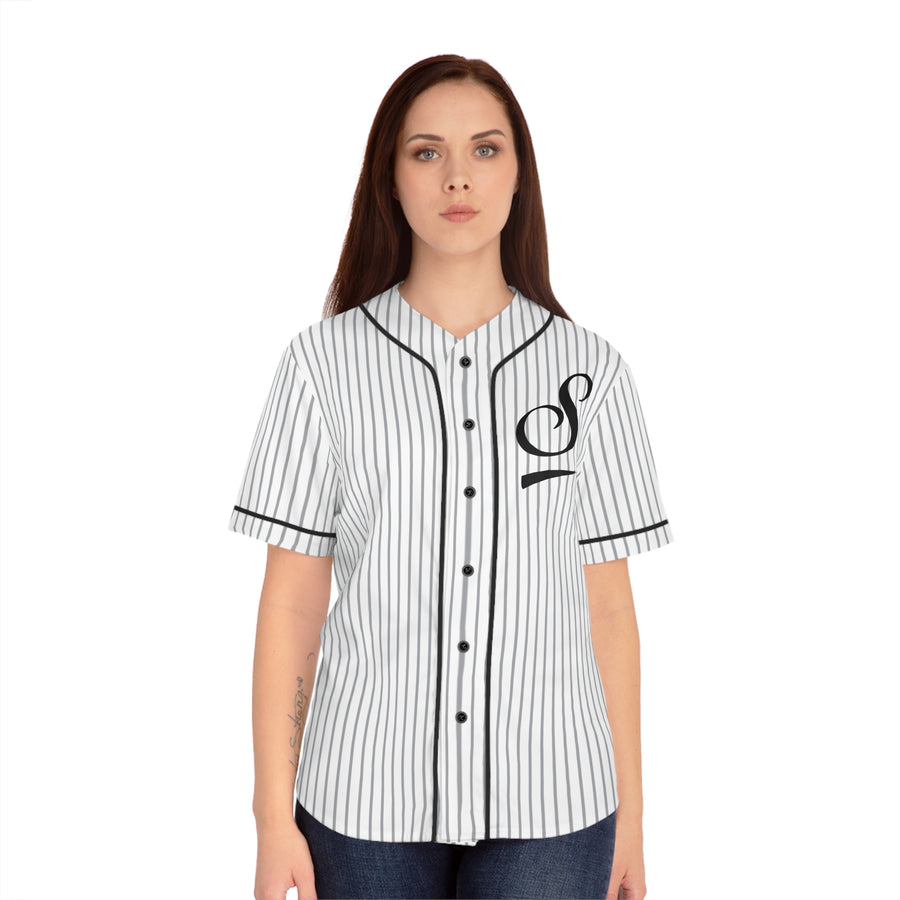 Saucy Unlimited White with Gray Pinstripes, Black "S" and Logo Baseball Jersey