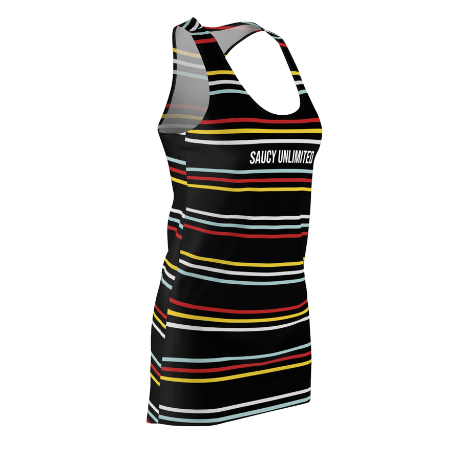 Saucy Unlimited Blue, Red, Yellow & White on Black Racerback Dress