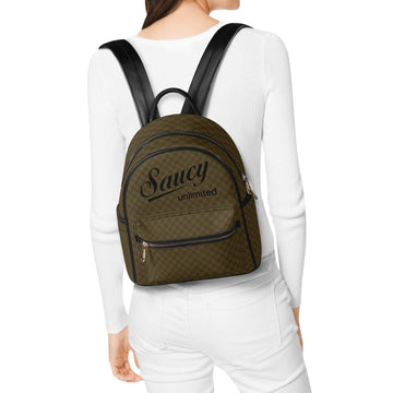 Saucy Unlimited Chocolate Brown Checker Backpack /Purse, Black Logo