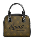 Saucy Unlimited Chocolate Brown, Gold Flower Logo Repeat, Black Logo on Shoulder Handbag