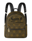 Saucy Unlimited Chocolate Brown Backpack / Purse, Gold Flower Logo Repeat, Black Logo
