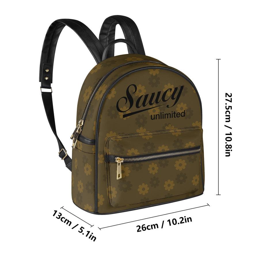 Saucy Unlimited Chocolate Brown Backpack / Purse, Gold Flower Logo Repeat, Black Logo