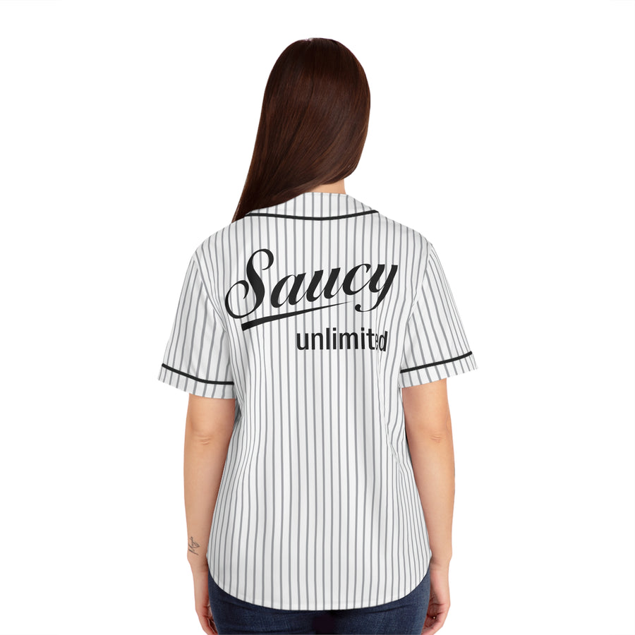 Saucy Unlimited White with Gray Pinstripes, Black "S" and Logo Baseball Jersey