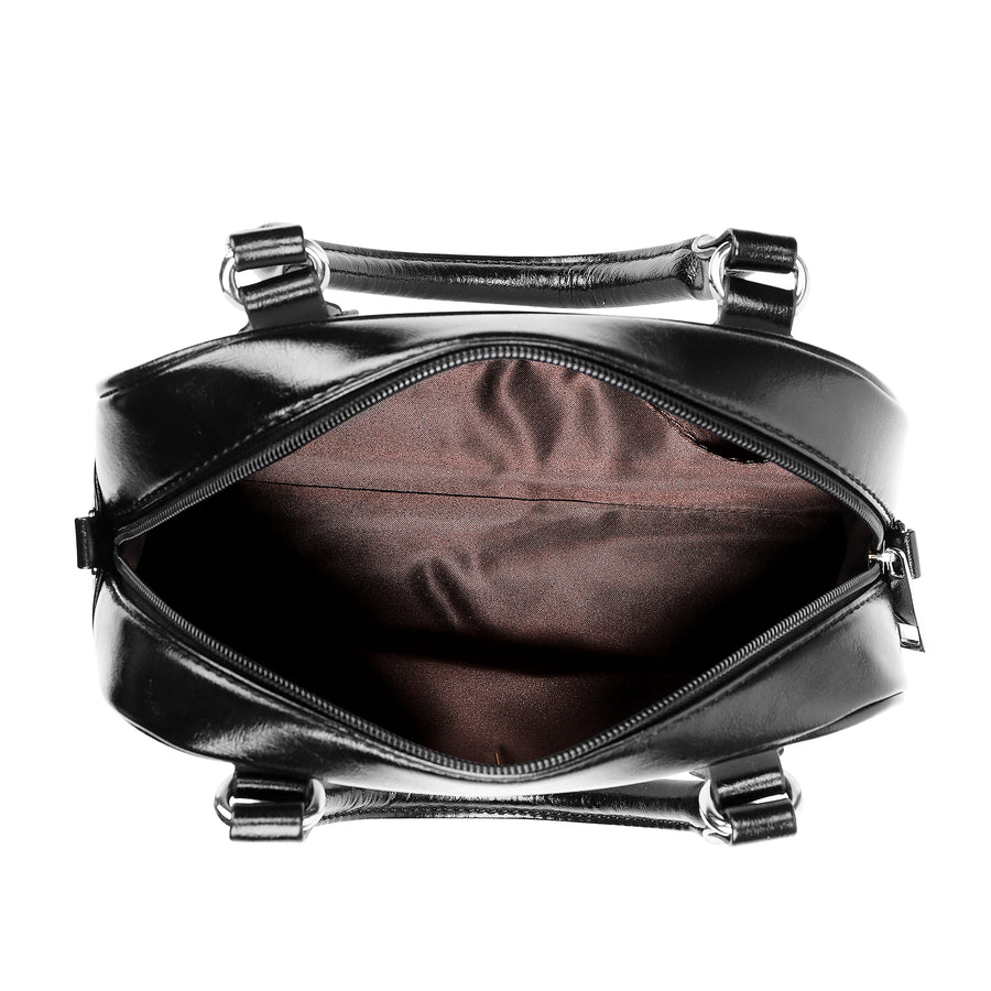 Saucy Unlimited Chocolate Brown, Gold Flower Logo Repeat, Black Logo on Shoulder Handbag
