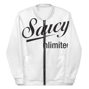 Saucy Unlimited Big Black Logo White Bomber Jacket