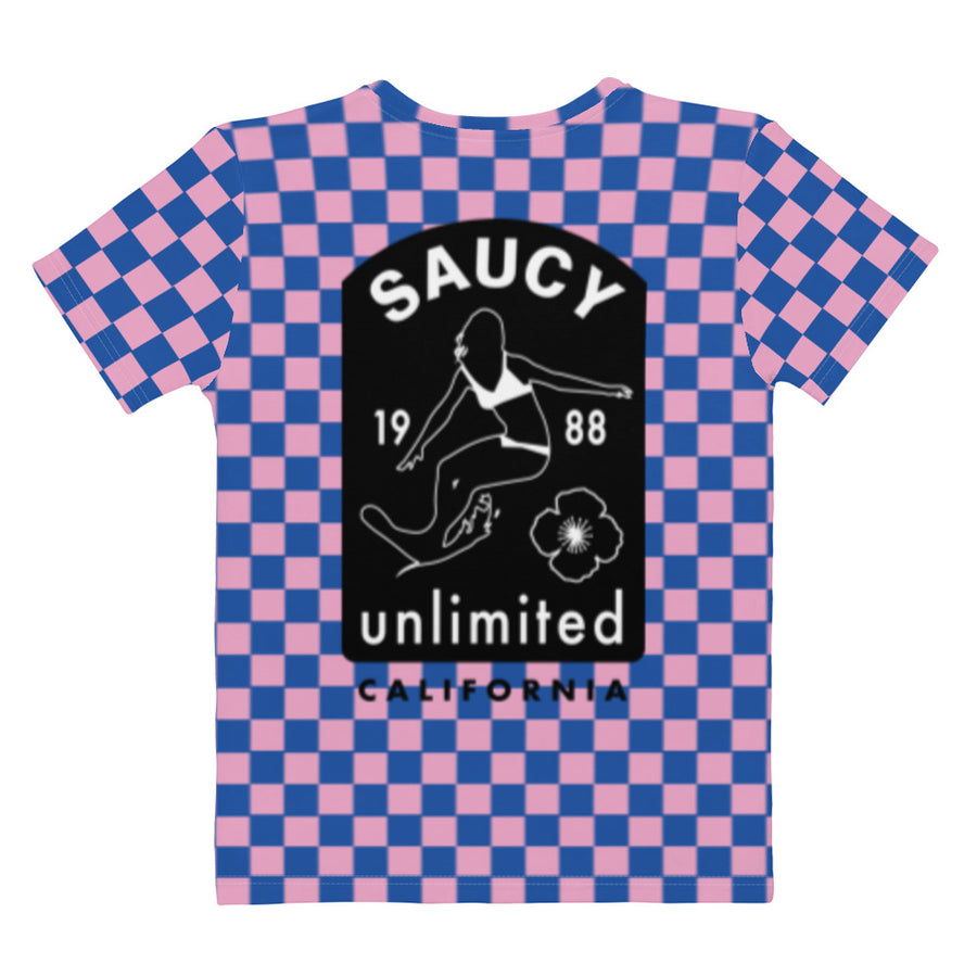 Saucy Unlimited Female Surfer On Blue And Pink Checkers T-shirt