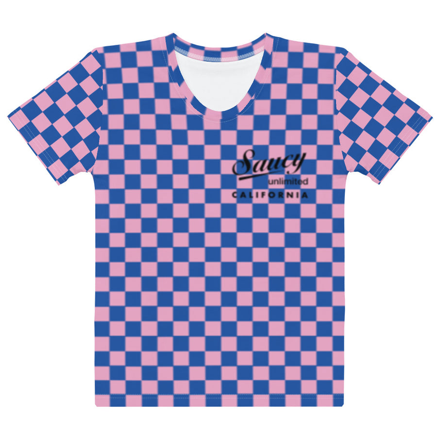 Saucy Unlimited Female Surfer On Blue And Pink Checkers T-shirt
