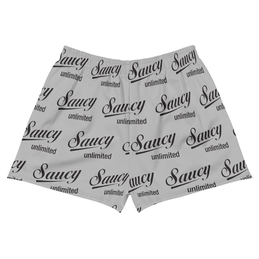 Saucy Unlimited Black Repeat Logo On Gray Women’s Athletic Shorts