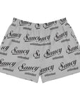 Saucy Unlimited Black Repeat Logo On Gray Women’s Athletic Shorts