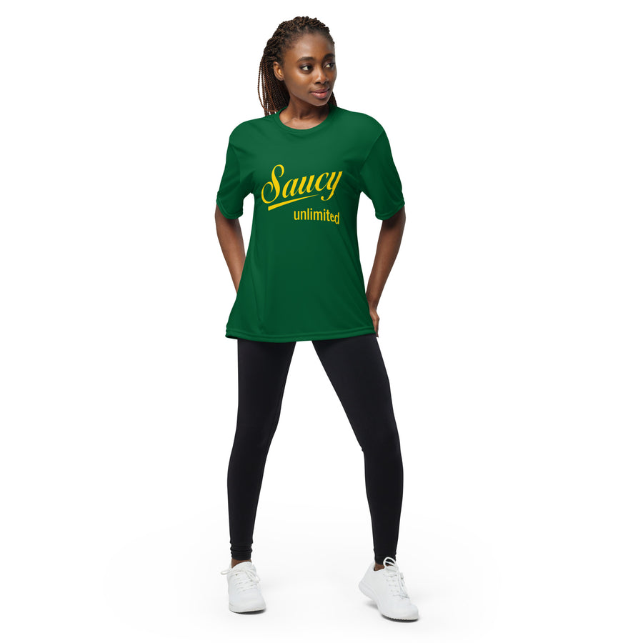 Saucy Unlimited Yellow Logo on Green Crew Neck T-shirt