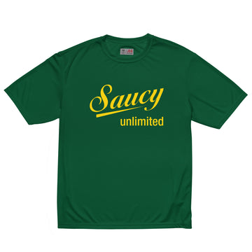 Saucy Unlimited Yellow Logo on Green Crew Neck T-shirt