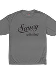 Saucy Unlimited Black Logo on Gray Crew Neck T-shirt