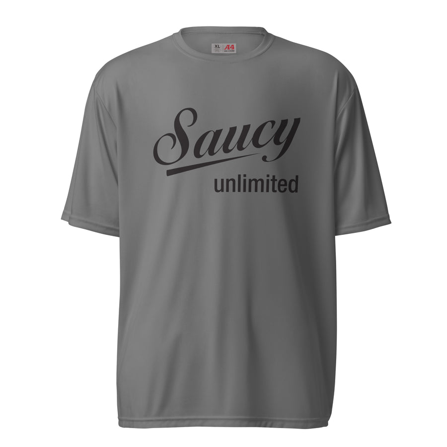 Saucy Unlimited Black Logo on Gray Crew Neck T-shirt