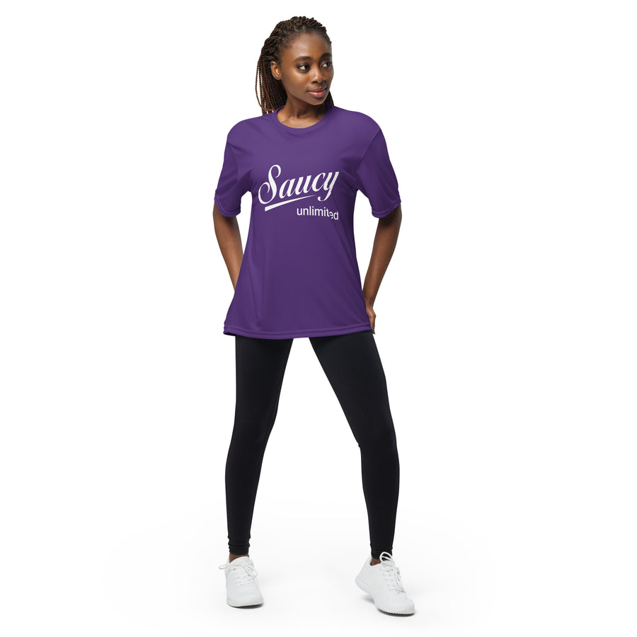 Saucy Unlimited White Logo on Purple Crew Neck T-shirt