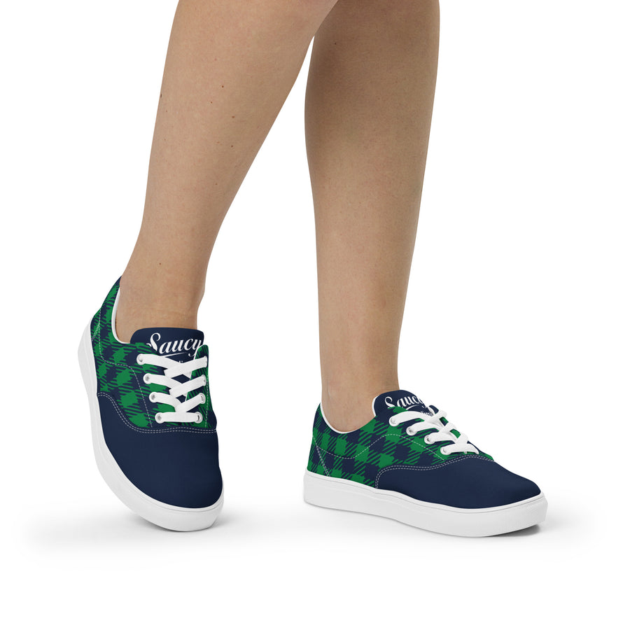 Saucy Unlimited Navy And Green Plaid Pattern Lace-up Canvas Shoes