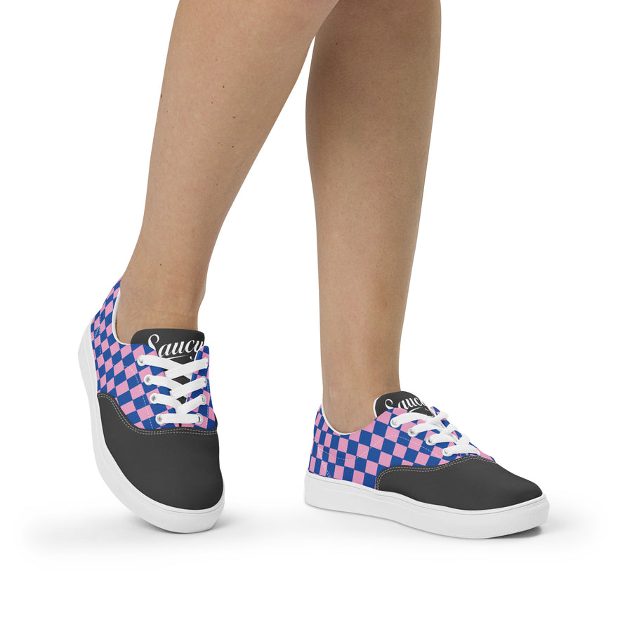 Saucy Unlimited Charcoal, Blue And Pink Checker Pattern Lace-up Canvas Shoes