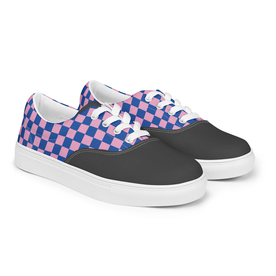 Saucy Unlimited Charcoal, Blue And Pink Checker Pattern Lace-up Canvas Shoes